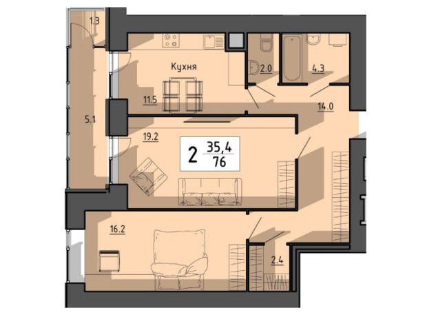 ЖК Файне місто: планировка 2-комнатной квартиры 76 м²