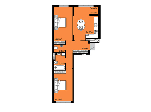 Жилой квартал Continent: планировка 2-комнатной квартиры 66.27 м²