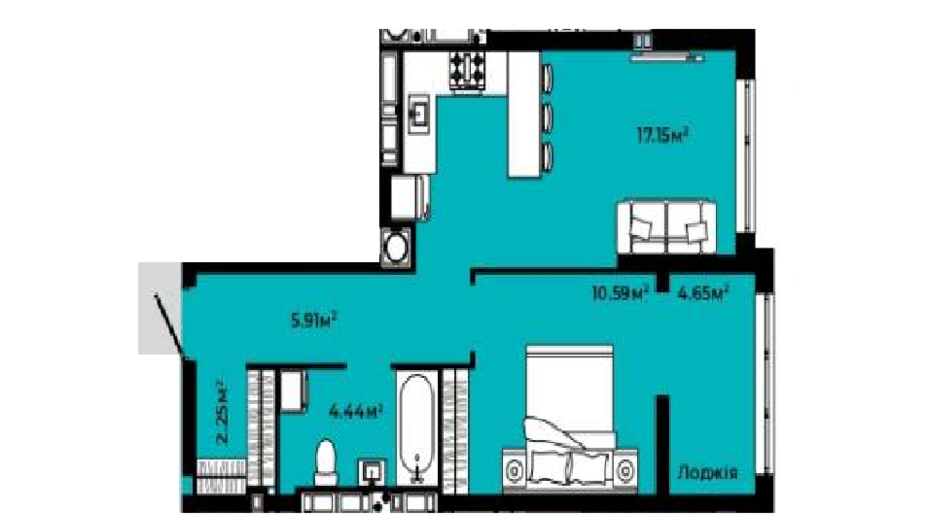 Планировка 1-комнатной квартиры в Жилой квартал Continent 44.99 м², фото 550472