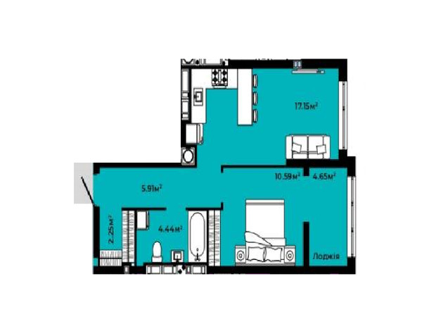 Житловий квартал Continent: планування 1-кімнатної квартири 44.99 м²