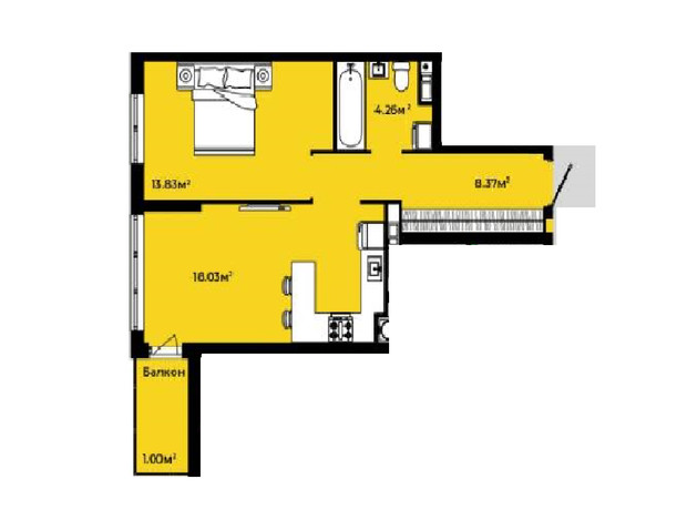 Житловий квартал Continent: планування 1-кімнатної квартири 45.49 м²