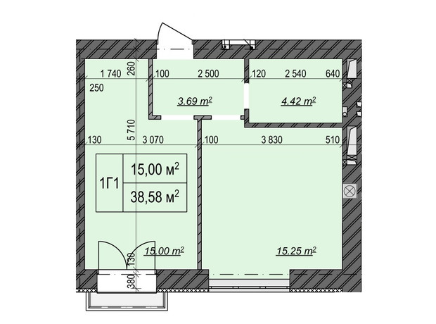 ЖК Олімп: планування 1-кімнатної квартири 38.58 м²