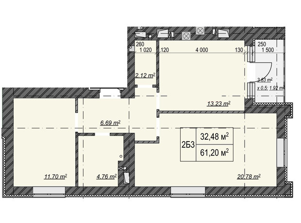 ЖК Олимп: планировка 2-комнатной квартиры 61.2 м²