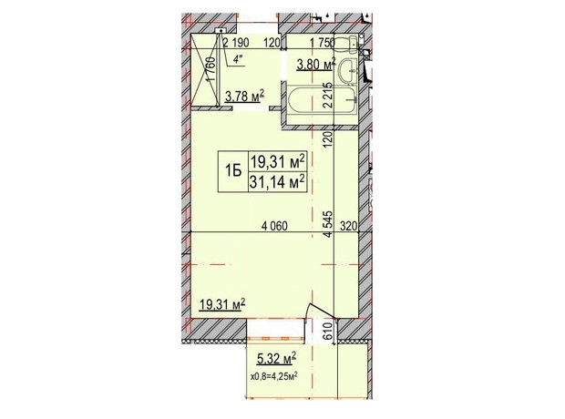 ЖК Олімп: планування 1-кімнатної квартири 31.14 м²