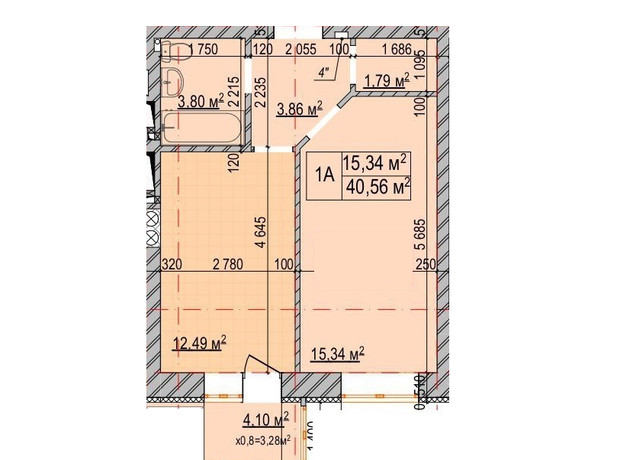 ЖК Олимп: планировка 1-комнатной квартиры 40.56 м²