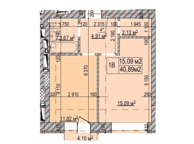 ЖК Олімп: планування 1-кімнатної квартири 40.89 м²