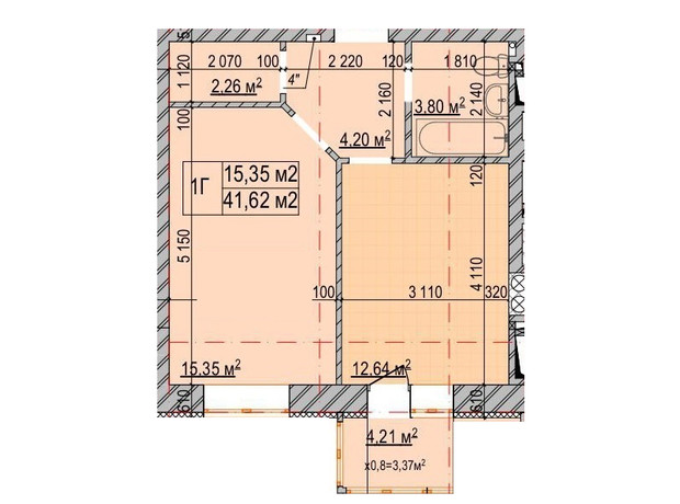 ЖК Олімп: планування 1-кімнатної квартири 41.62 м²