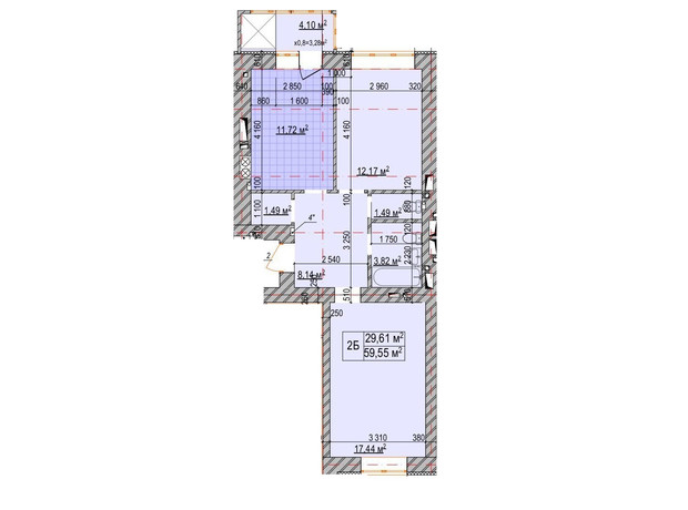ЖК Олімп: планування 2-кімнатної квартири 59.55 м²