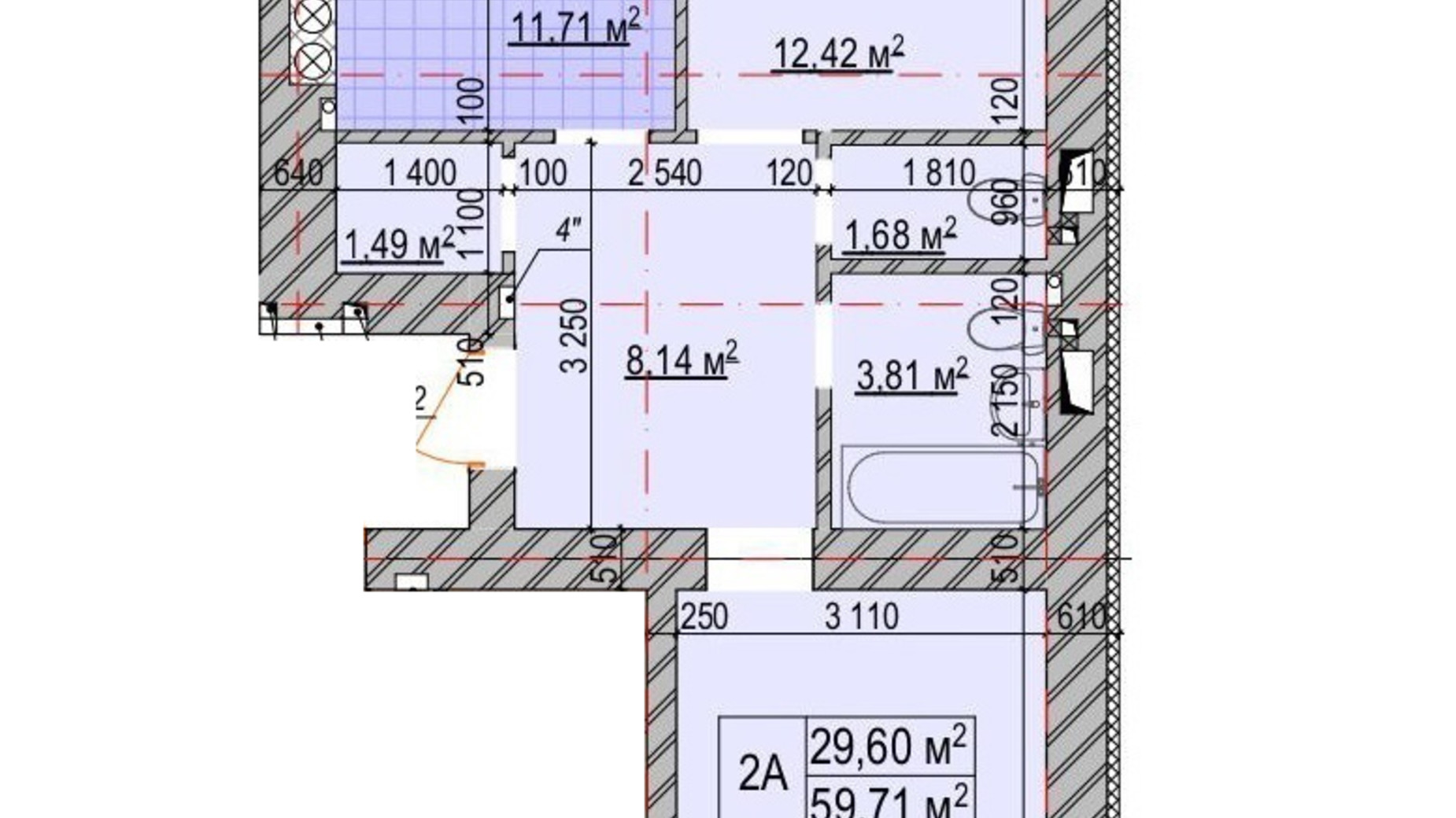 Планування 2-кімнатної квартири в ЖК Олімп 59.87 м², фото 550534