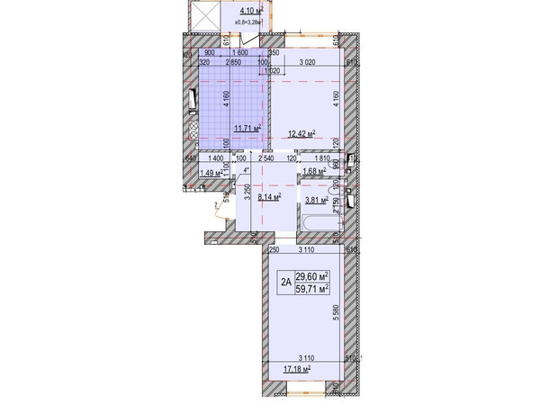 ЖК Олімп: планування 2-кімнатної квартири 59.71 м²