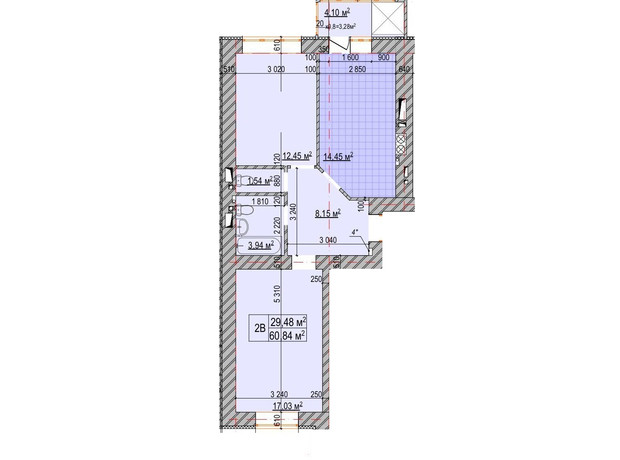 ЖК Олимп: планировка 2-комнатной квартиры 60.84 м²
