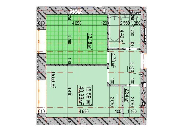 ЖК Олімп: планування 1-кімнатної квартири 40.36 м²