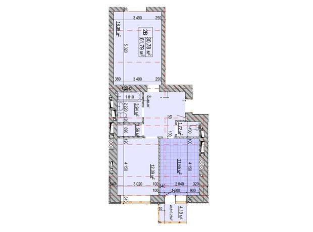 ЖК Олімп: планування 2-кімнатної квартири 61.79 м²