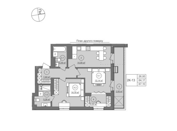 ЖК Well Home: планування 2-кімнатної квартири 67.1 м²