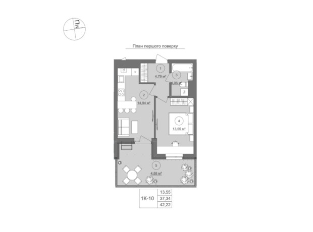 ЖК Well Home: планування 1-кімнатної квартири 42.22 м²