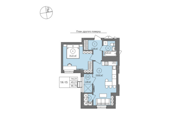 ЖК Well Home: планування 1-кімнатної квартири 46.79 м²