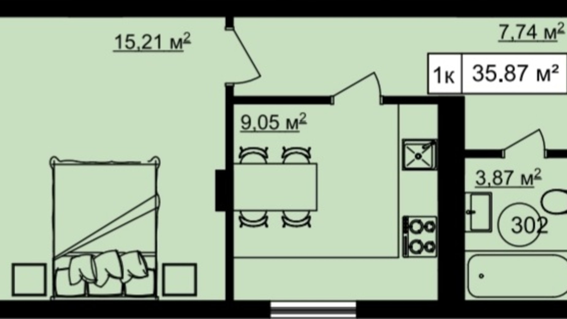 Планування 1-кімнатної квартири в ЖК На Острозького 35.88 м², фото 550793