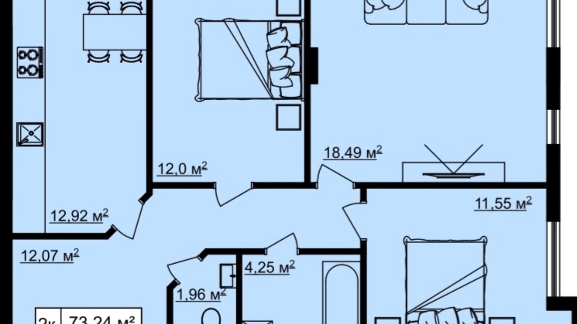 Планування 3-кімнатної квартири в ЖК На Острозького 73.22 м², фото 550796