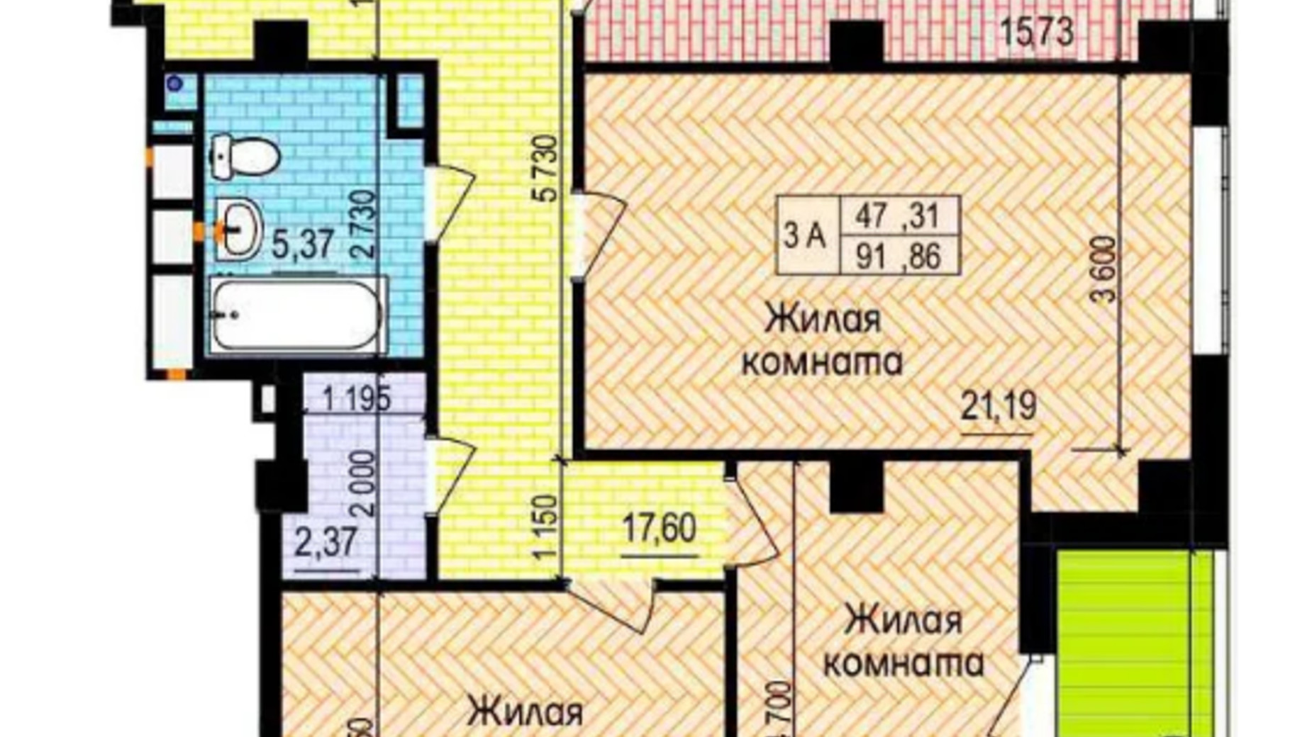 Планировка 3-комнатной квартиры в ЖК Пролисок 91.86 м², фото 550814