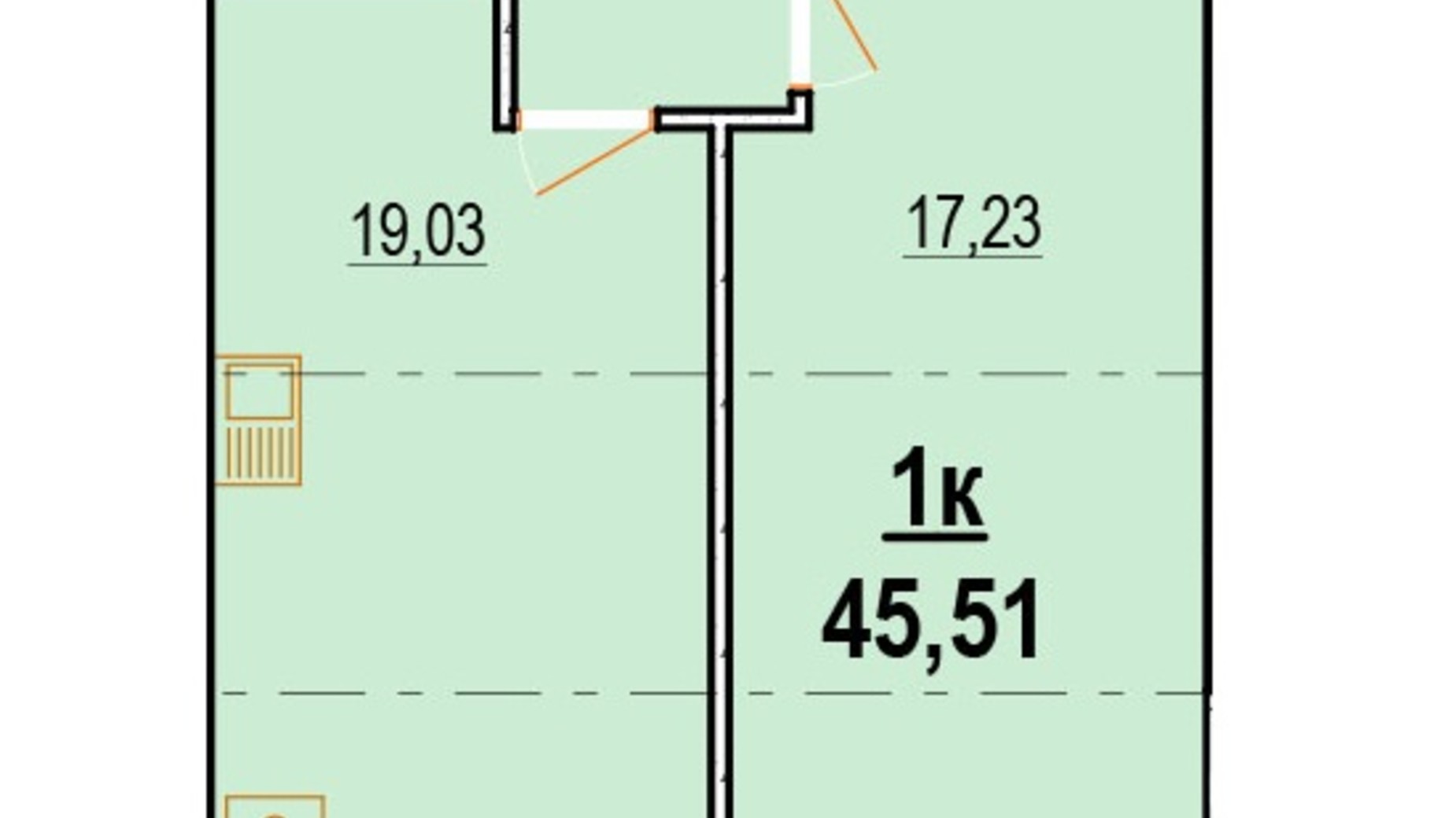 Планування 1-кімнатної квартири в ЖК Староміський 45.51 м², фото 551019