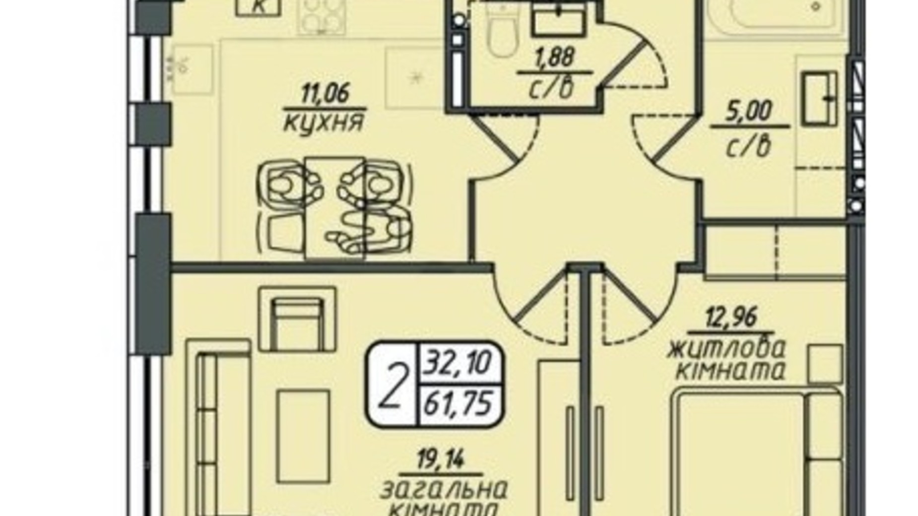 Планировка 2-комнатной квартиры в ЖК Hills 61.75 м², фото 551033
