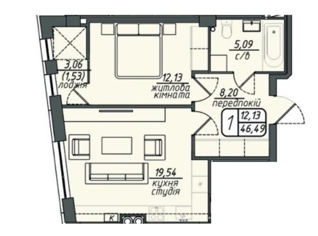 ЖК Hills: планировка 1-комнатной квартиры 46.49 м²