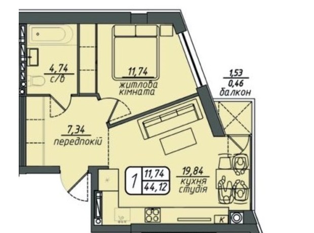 ЖК Hills: планировка 1-комнатной квартиры 44.12 м²