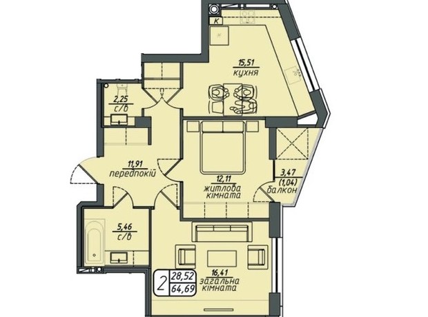 ЖК Hills: планировка 2-комнатной квартиры 64.69 м²