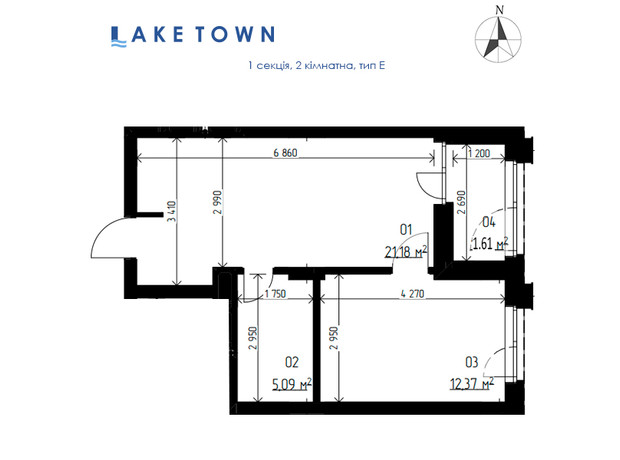 ЖК Laketown: планування 2-кімнатної квартири 40.25 м²