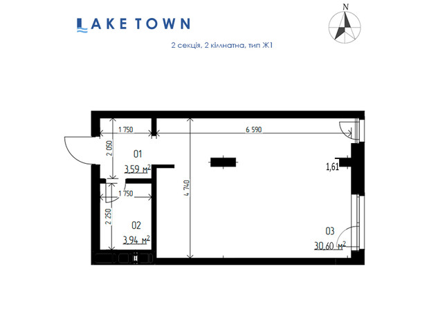 ЖК Laketown: планування 1-кімнатної квартири 38.13 м²