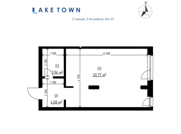 ЖК Laketown: планування 1-кімнатної квартири 38.79 м²