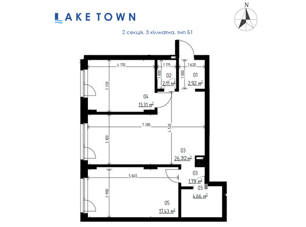 ЖК Laketown: планування 3-кімнатної квартири 68.54 м²