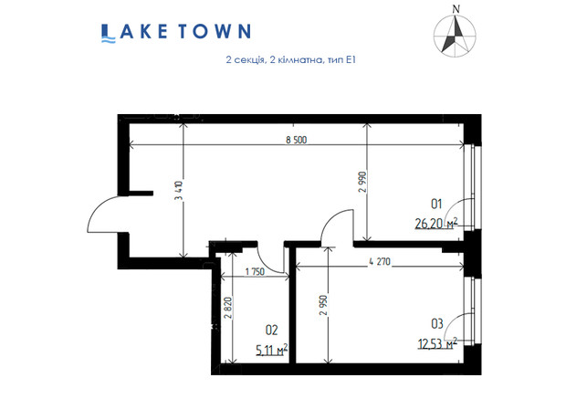 ЖК Laketown: планировка 2-комнатной квартиры 43.84 м²