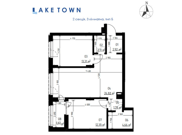 ЖК Laketown: планування 3-кімнатної квартири 65.11 м²