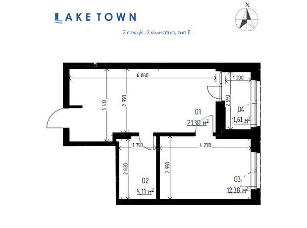 ЖК Laketown: планировка 2-комнатной квартиры 40.4 м²