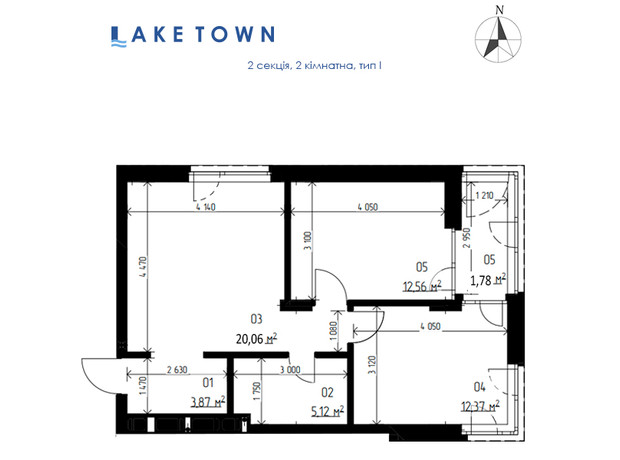 ЖК Laketown: планування 3-кімнатної квартири 55.89 м²