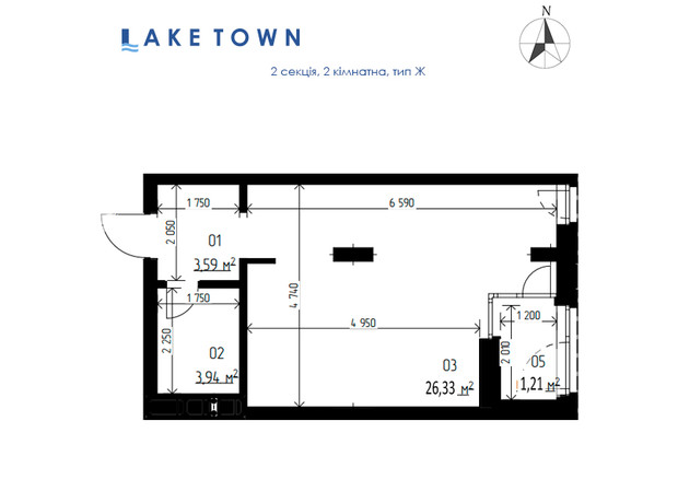 ЖК Laketown: планування 1-кімнатної квартири 35.07 м²