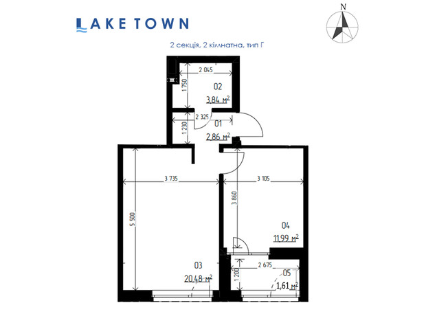 ЖК Laketown: планування 2-кімнатної квартири 40.75 м²