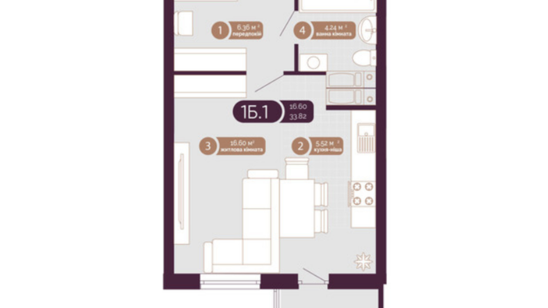 Планировка 1-комнатной квартиры в ЖК Голосеевский 33.82 м², фото 551078