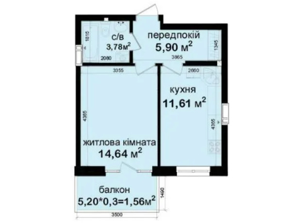 ЖК Кришталеві джерела: планування 1-кімнатної квартири 37.49 м²