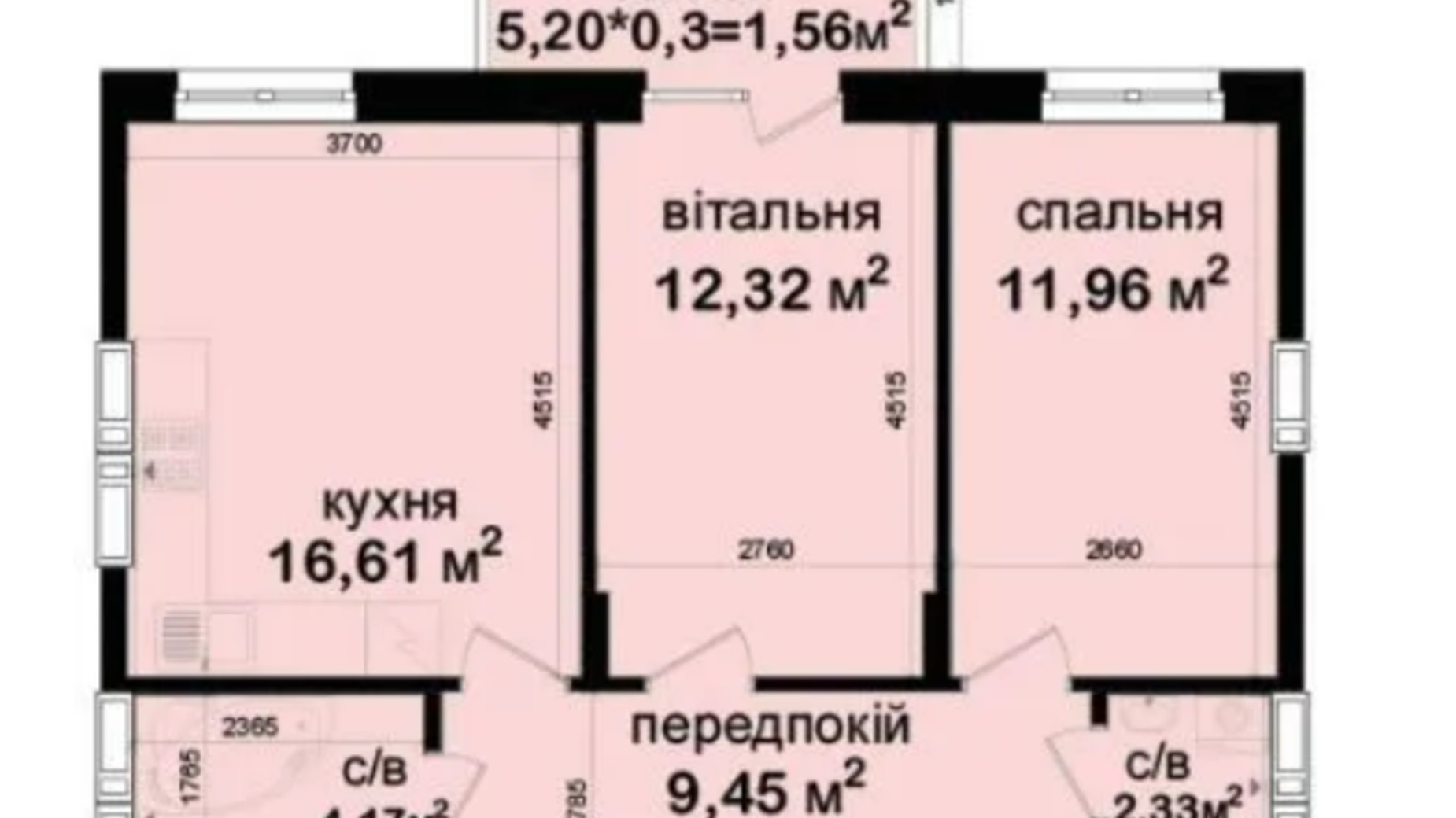 Планування 2-кімнатної квартири в ЖК Кришталеві джерела 58.4 м², фото 551088