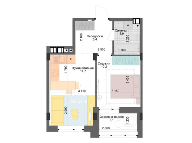 ЖК Respublika: планировка 1-комнатной квартиры 37.3 м²