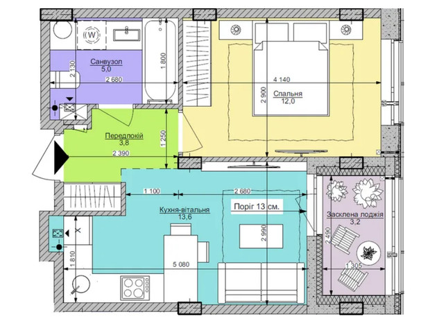 ЖК Respublika: планировка 1-комнатной квартиры 37.6 м²