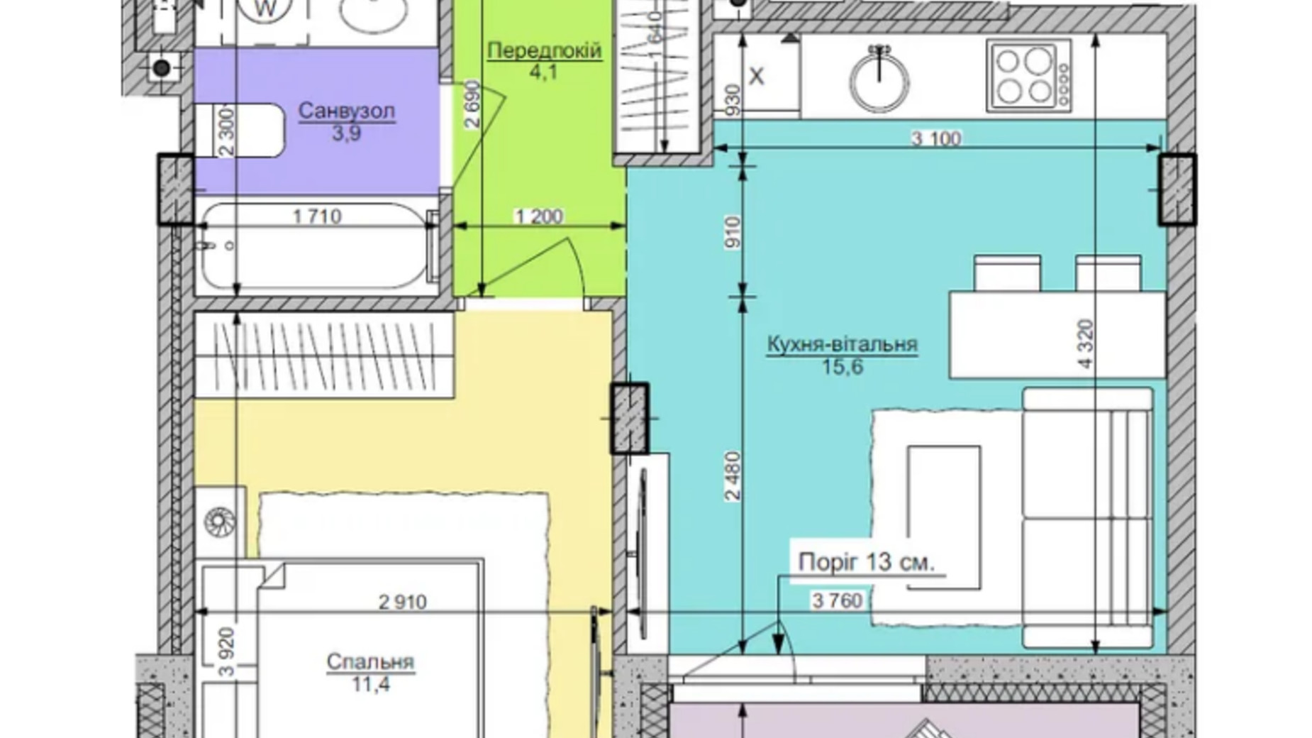 Планування 1-кімнатної квартири в ЖК Respublika 39.2 м², фото 551436