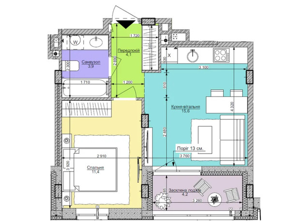 ЖК Respublika: планування 1-кімнатної квартири 39.2 м²