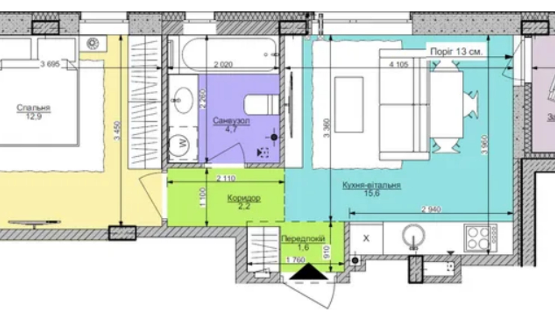 Планировка 1-комнатной квартиры в ЖК Respublika 40.5 м², фото 551437