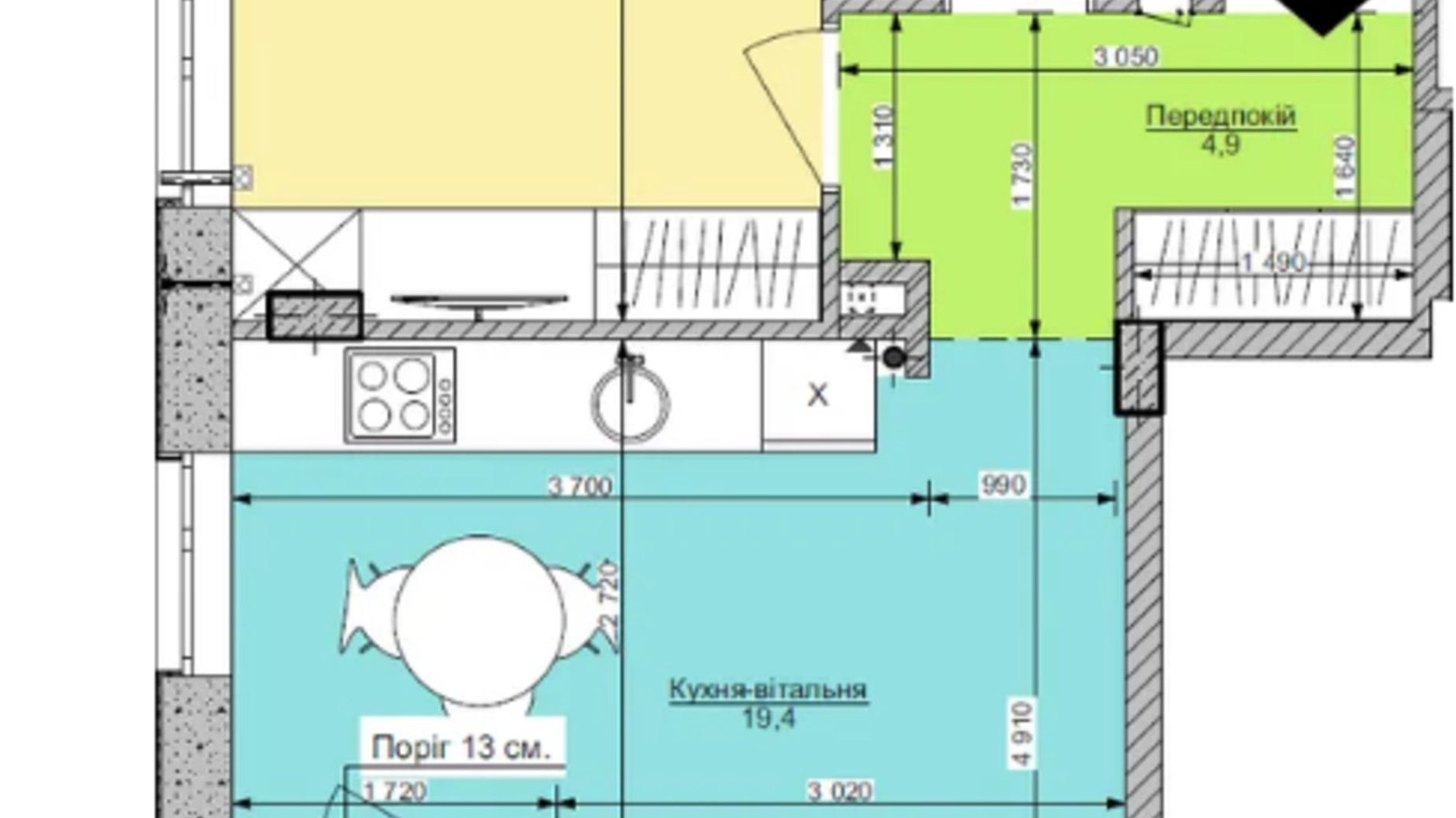 Планування 1-кімнатної квартири в ЖК Respublika 44.8 м², фото 551438