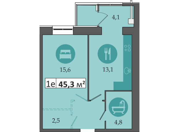 ЖК Дніпровська Брама 2: планування 1-кімнатної квартири 45.3 м²