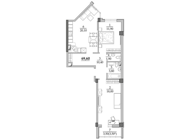 ЖК Таировские сады: планировка 2-комнатной квартиры 69.6 м²