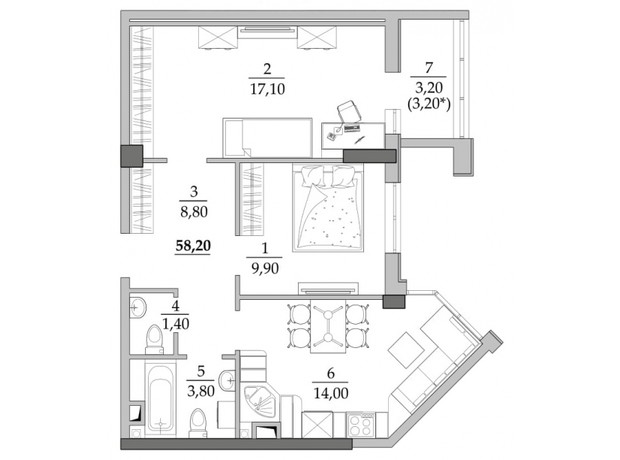 ЖК Таировские сады: планировка 2-комнатной квартиры 58.3 м²